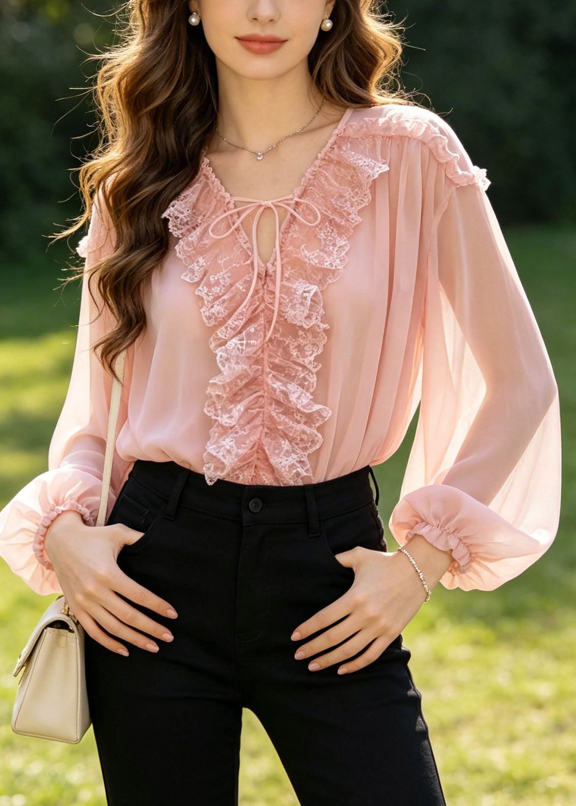 Pink Patchwork Chiffon Shirts Oversized Lace Up Summer
