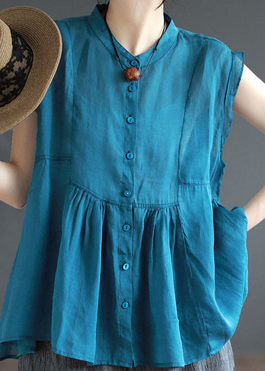 Top de lino con patchwork rosa y cuello alto con botones arrugados para verano