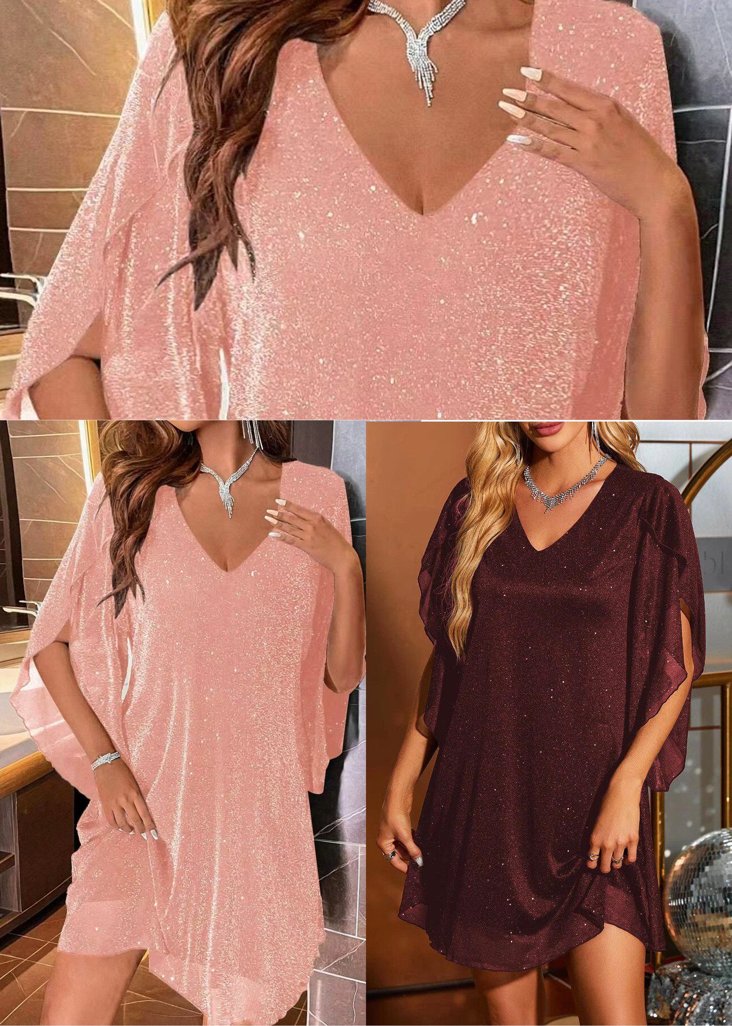 Pink Sequins Mini Dress V Neck Cloak Sleeves