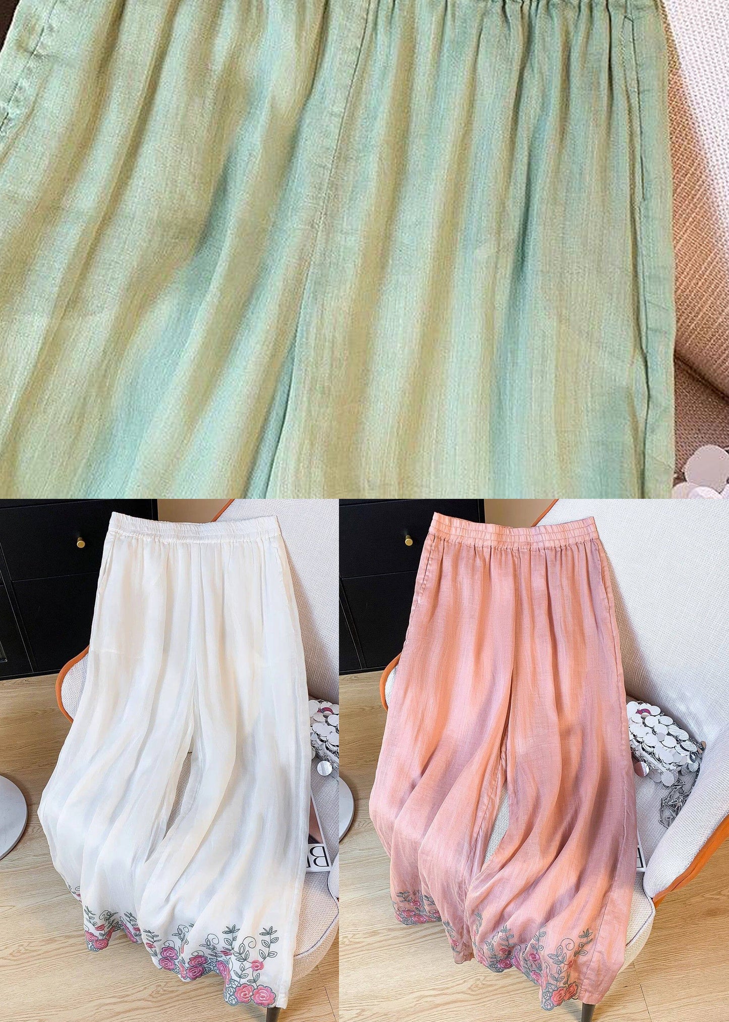 Pink Silk Casual Pants Embroidered Elastic Waist Summer