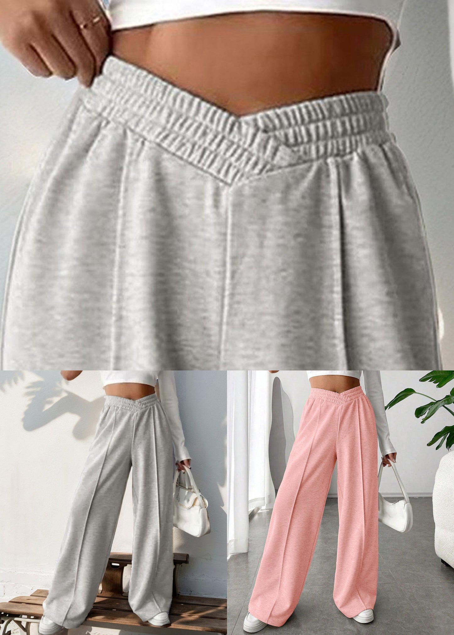 Pink Solid Oversized Casual Cotton Wide Leg Pants Elastic Waist