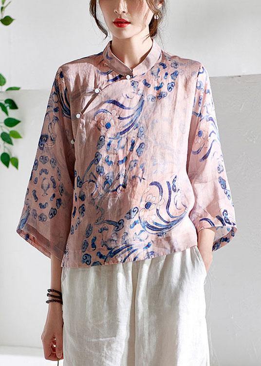 Pink Stand Collar Print Button Summer Ramie Top - SooLinen