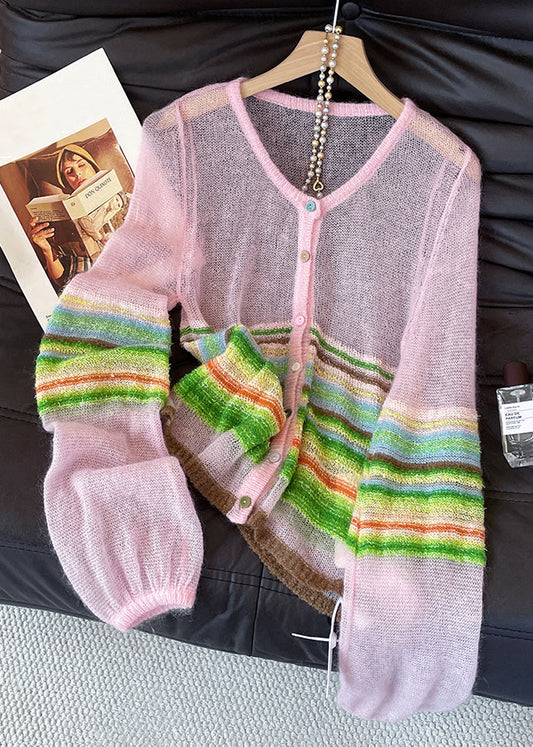 Pink Striped Button Knit Cardigans V Neck Lantern Sleeve