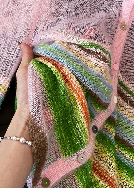 Pink Striped Button Knit Cardigans V Neck Lantern Sleeve