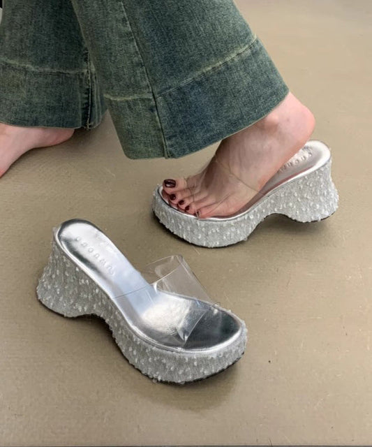 Pink Wedge Fine Sequins Splicing Stylish Slide Sandals