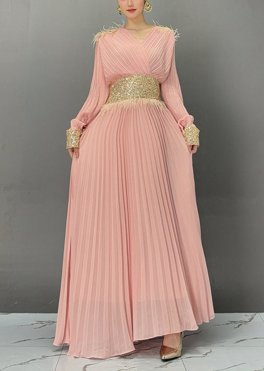 Pink Wrinkled Tunic Solid Holiday Maxi Dress Fall