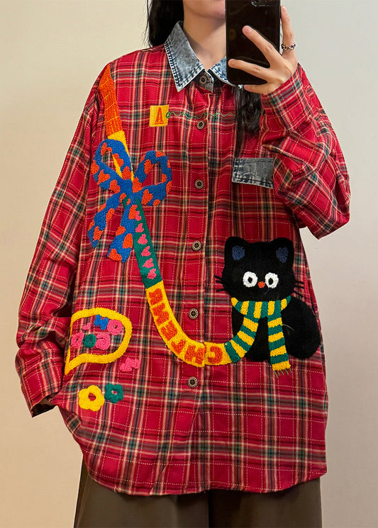 Plaid Red Peter Pan Collar Button Denim Patchwork Shirt Spring