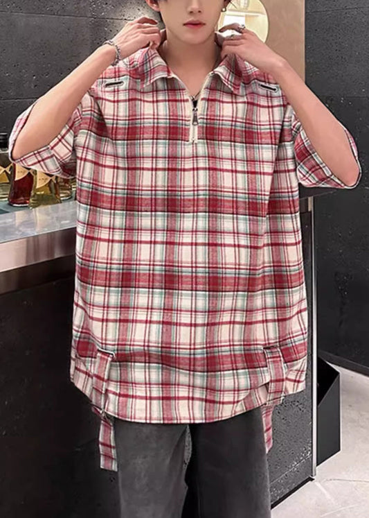 Plaid Red Zip Up Oversized Cotton Men's Shirts Half Sleeve