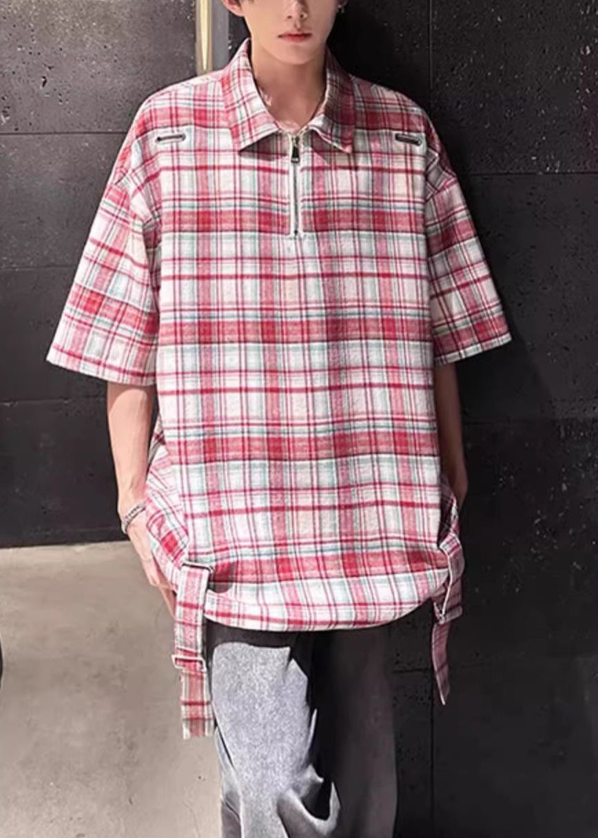 Plaid Red Zip Up Oversized Cotton Men's Shirts Half Sleeve