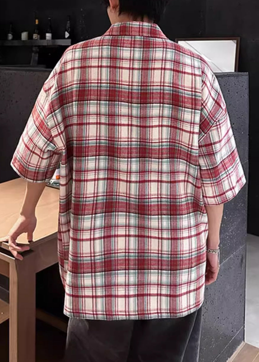 Plaid Red Zip Up Oversized Cotton Men's Shirts Half Sleeve