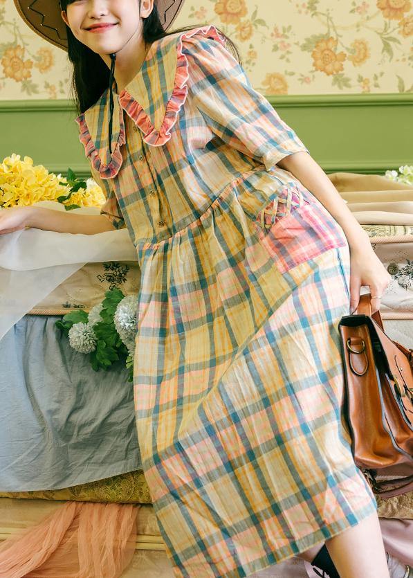 Plaid Ruffled Button Puff Sleeve Summer Cotton Dresses - SooLinen