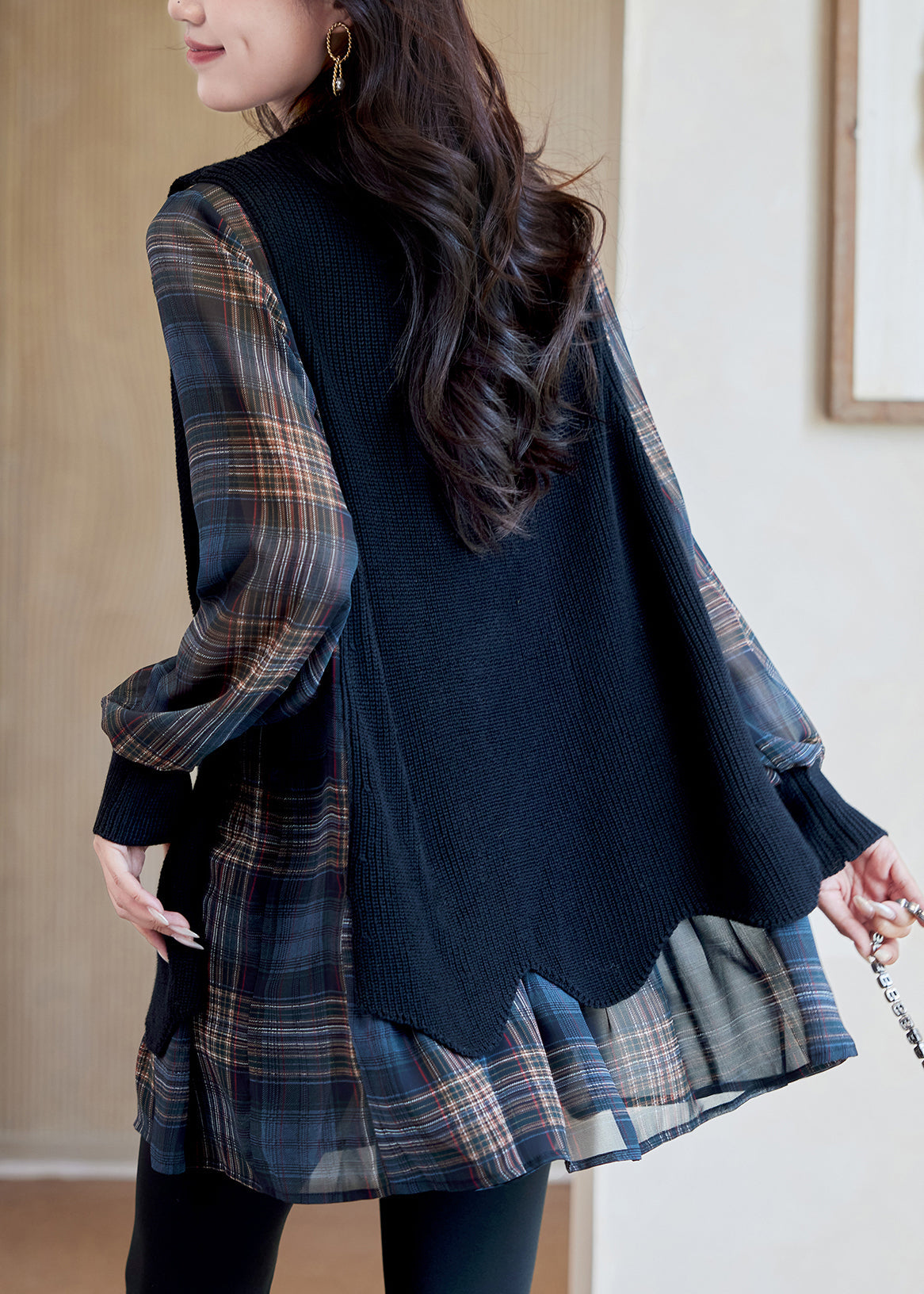 Plaid V Neck Lace Up Knit Patchwork Blouses Fall