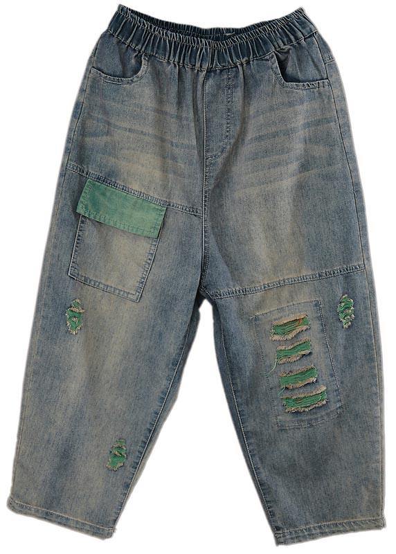 Plus Size Blue Elastic Waist Hole Denim Pants Summer - SooLinen