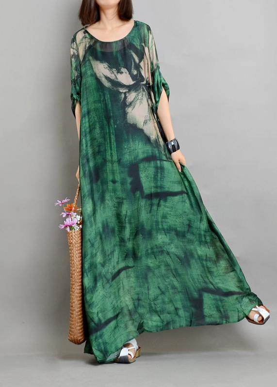 Plus Size Green Print Chiffon Dress Summer Two Pieces Set - SooLinen