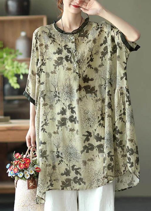 Plus Size -Red Ramie Floral Vintage Women Print Casual Shirt - SooLinen