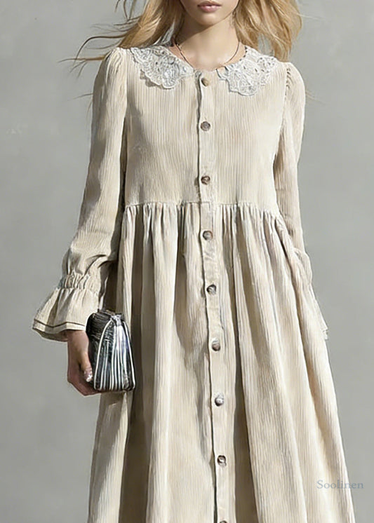 Plus Size Apricot Peter Pan Collar Button Corduroy Blouses Dresses Spring