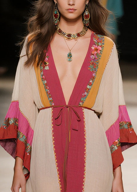 Plus Size Apricot Tie Waist Print Cotton Robe Dresses Summer