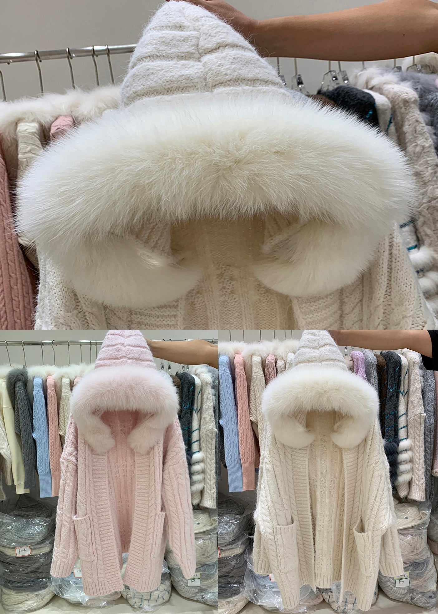 Beige Strickjacke mit Kapuze, Taschen und Patchwork-Design in Übergröße für den Winter