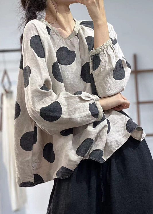 Plus Size Beige Oversized Dot Print Leinenhemden Herbst