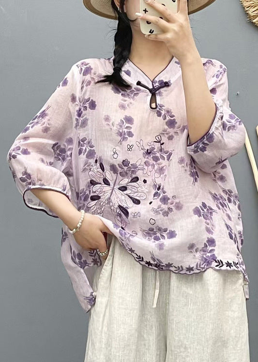 Plus Size Beige Stand Collar Embroidered Linen Shirt Top Summer