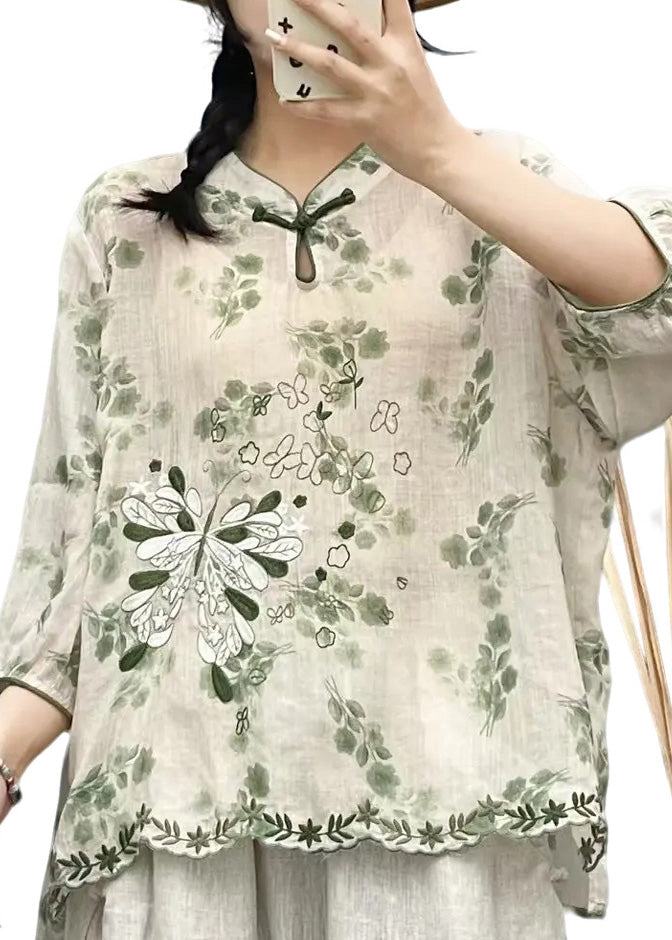 Plus Size Beige Stand Collar Embroidered Linen Shirt Top Summer