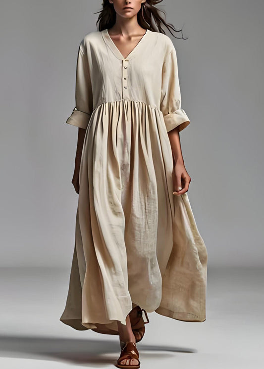 Plus Size Beige V-Ausschnitt Falten Patchwork Baumwolle Kleider Sommer