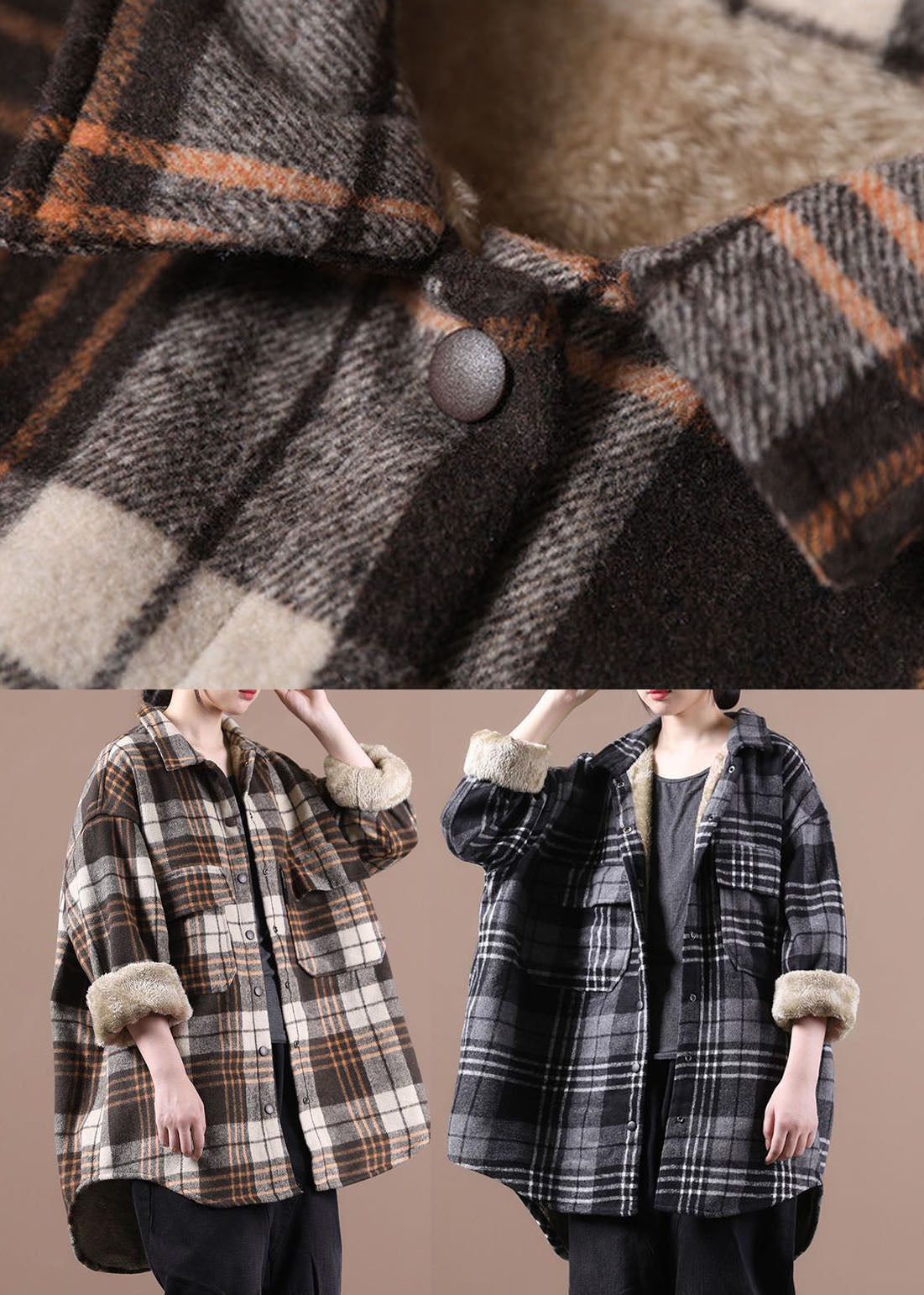 Plus Size Schwarz Asymmetrische Plaid Fleece Wolle Gefüttert Mäntel Winter