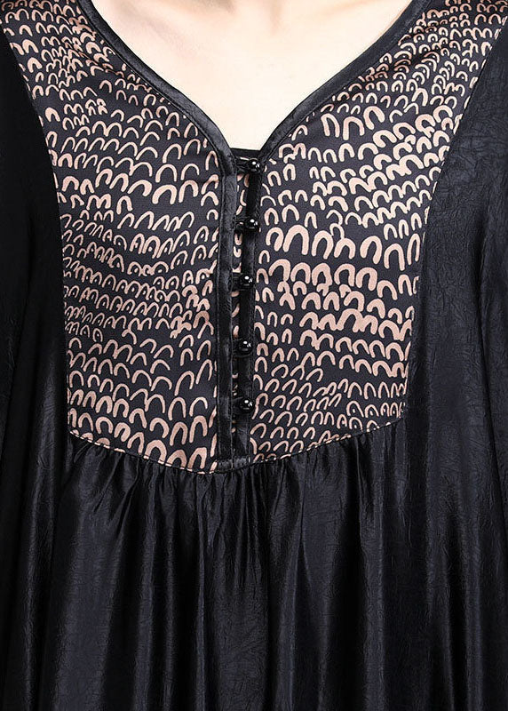 Plus Size Schwarzes Knöchelkleid aus Seide mit asymmetrischem Print