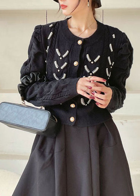 Plus Size Schwarzer Knopf Mode Strick Cardigan Frühling