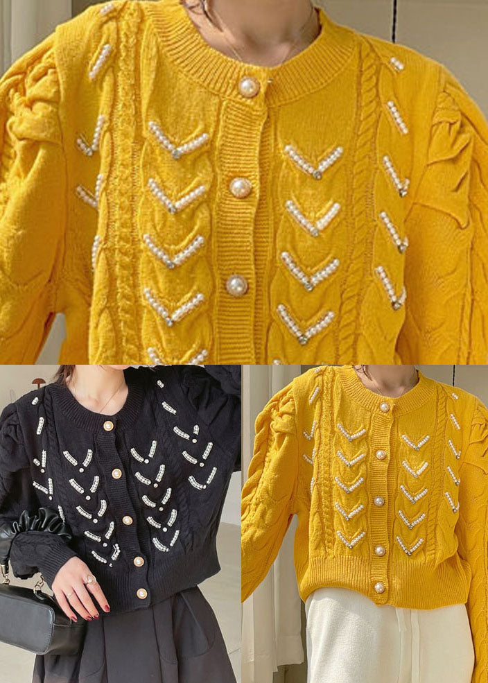 Plus Size Schwarzer Knopf Mode Strick Cardigan Frühling