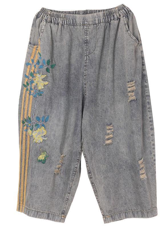 Plus Size Black Grey Elastic Waist Embroideried Jeans Pants - SooLinen