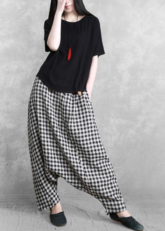 Plus Size Black Grey Plaid Harem Summer Pants - SooLinen