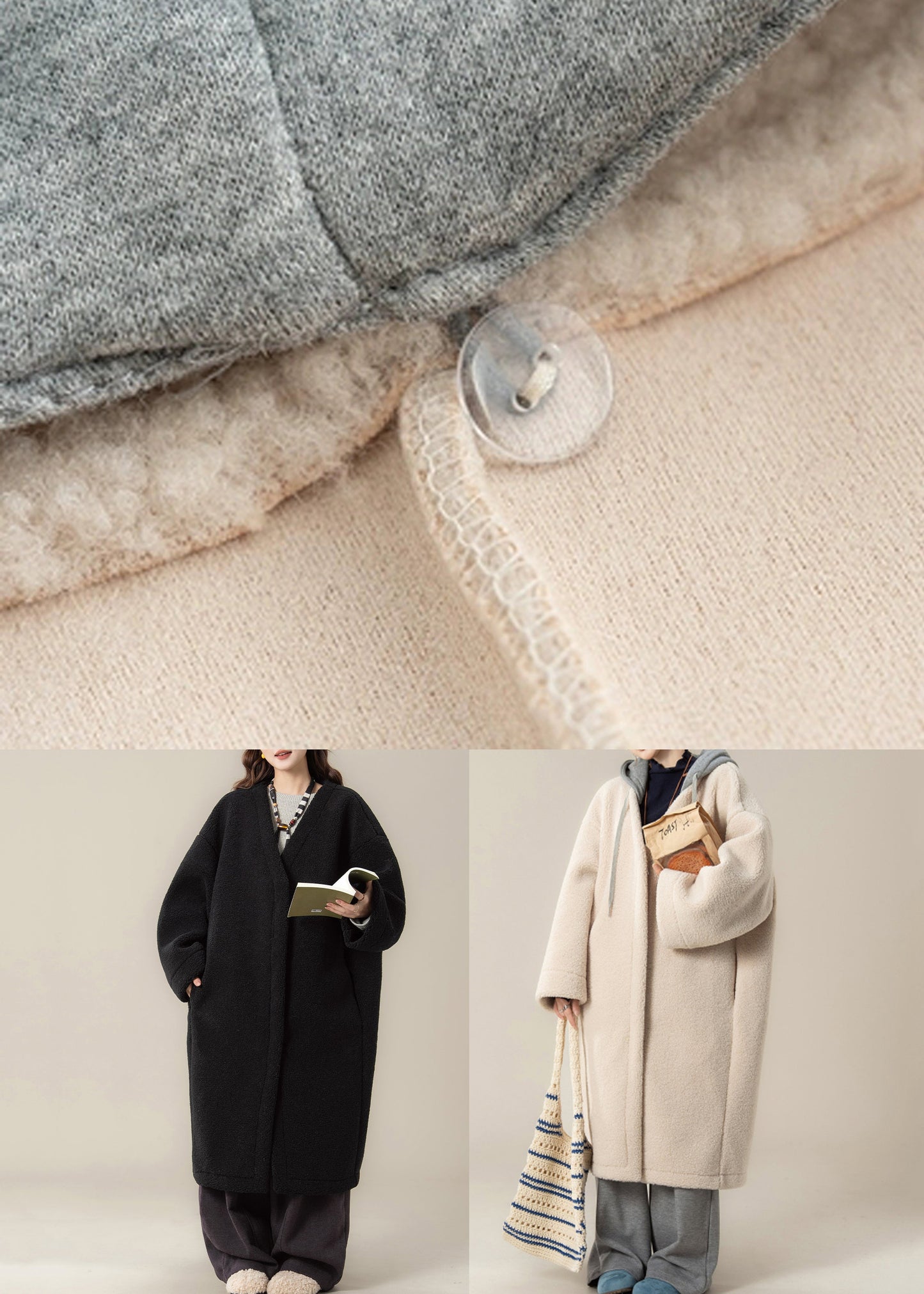 Schwarzer Teddy-Kunstpelzmantel in Übergröße mit Kapuze, Reißverschluss und Patchwork-Design, Winter