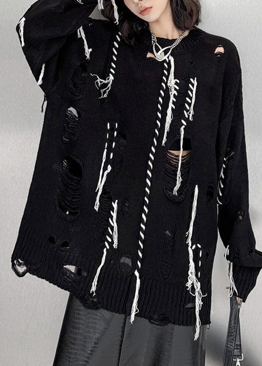 Schwarzer, kuscheliger Baumwollstrickpullover in Übergröße mit Rundhalsausschnitt – Herbst