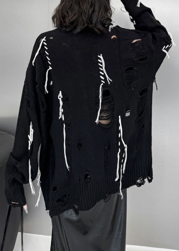 Plus Size Black O-Neck Hole Cozy Cotton Knit Sweater Tops Fall