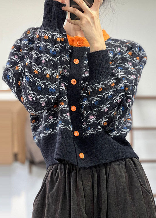 Plus Größe Schwarz O-Ausschnitt Jacquard Patchwork Strick Cardigans Winter