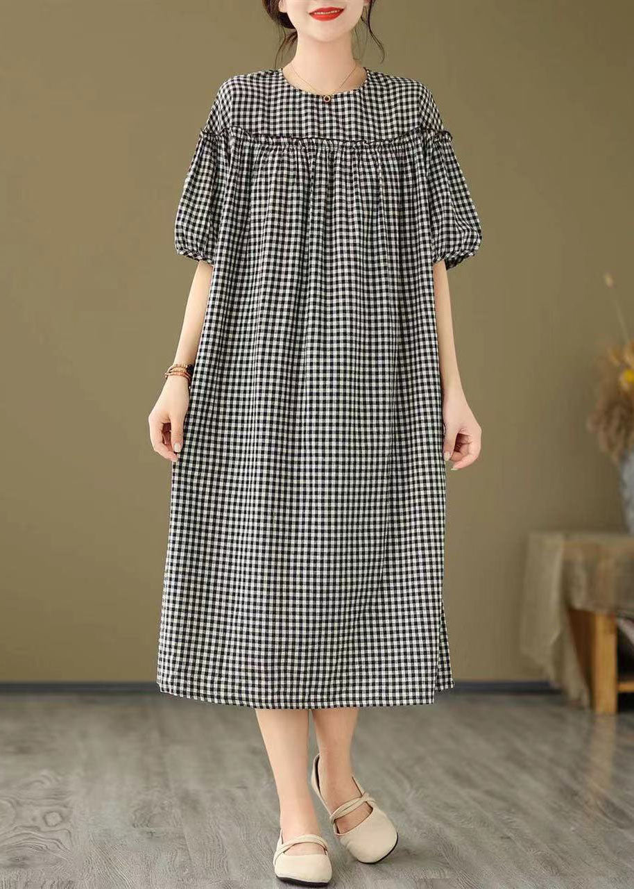 Plus Size Schwarz O Neck Plaid Rüschen Patchwork Baumwolle Kleid Sommer