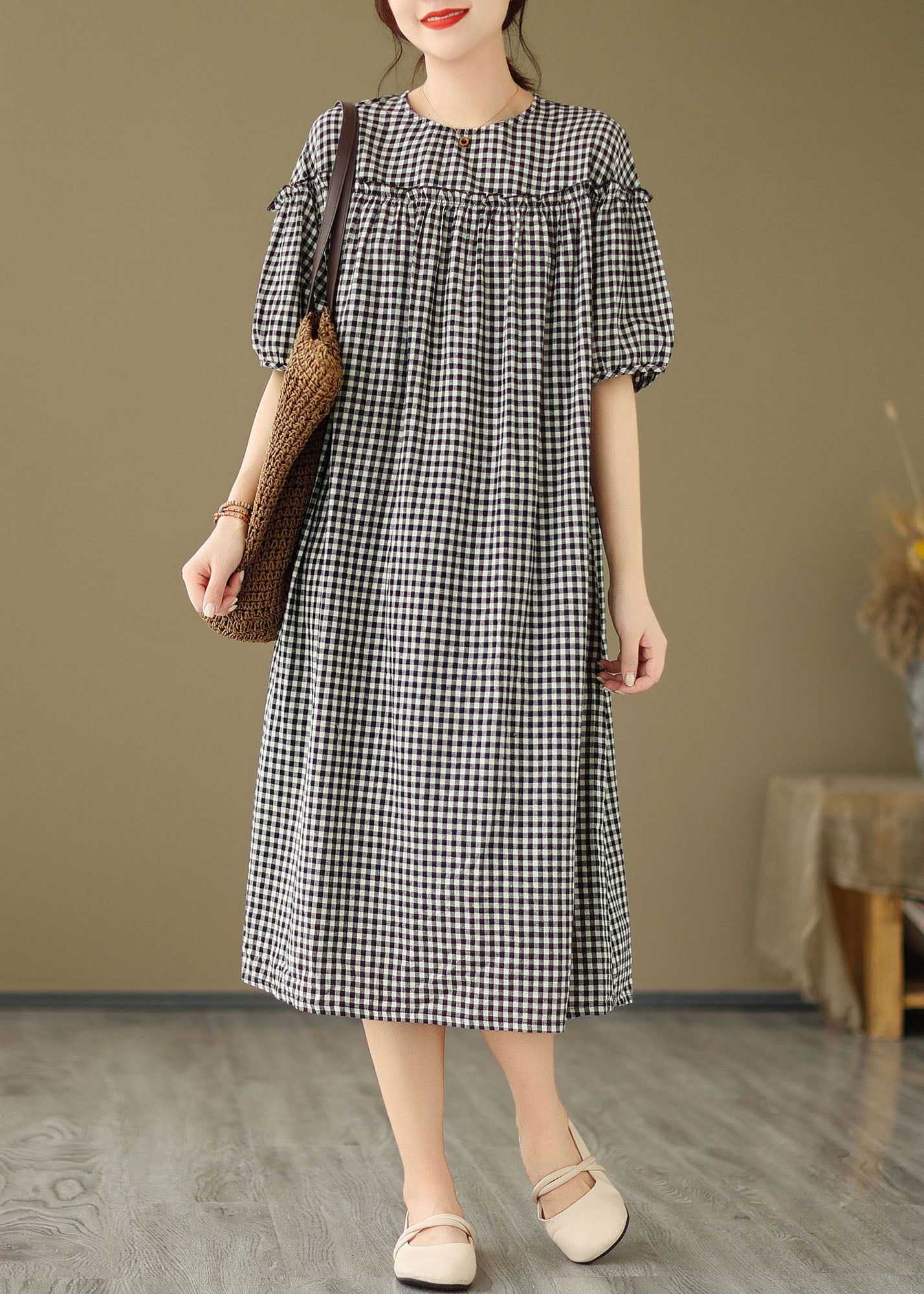 Plus Size Schwarz O Neck Plaid Rüschen Patchwork Baumwolle Kleid Sommer