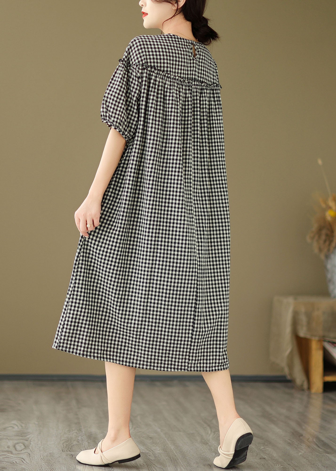 Plus Size Schwarz O Neck Plaid Rüschen Patchwork Baumwolle Kleid Sommer