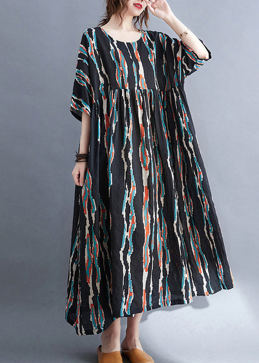 Plus Size Schwarzes O-Ausschnitt-Print Lange Kleider Halbarm