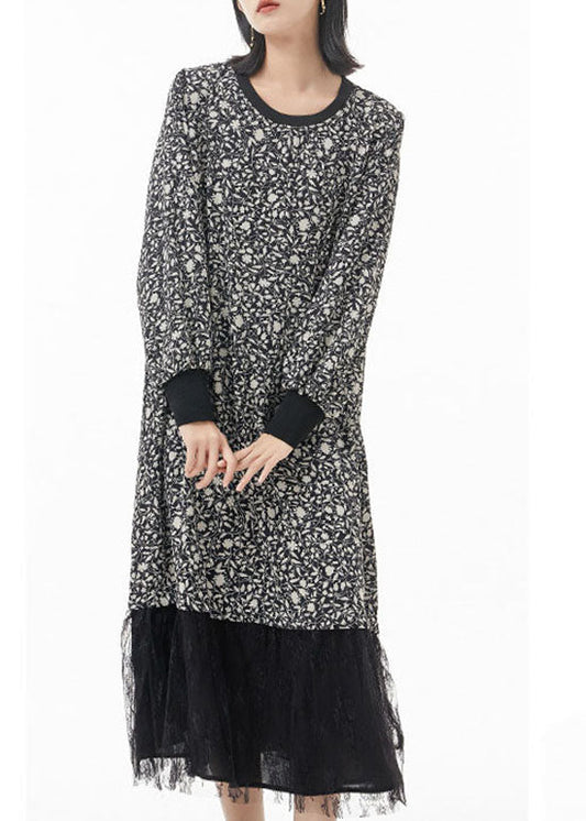 Plus Size Schwarz O-Ausschnitt Print Tüll Patchwork Seide Partykleid Frühling