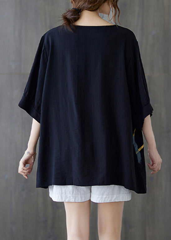 Plus Size Schwarzes Tanktop aus zerknitterter Baumwolle mit Rundhalsausschnitt und halben Ärmeln