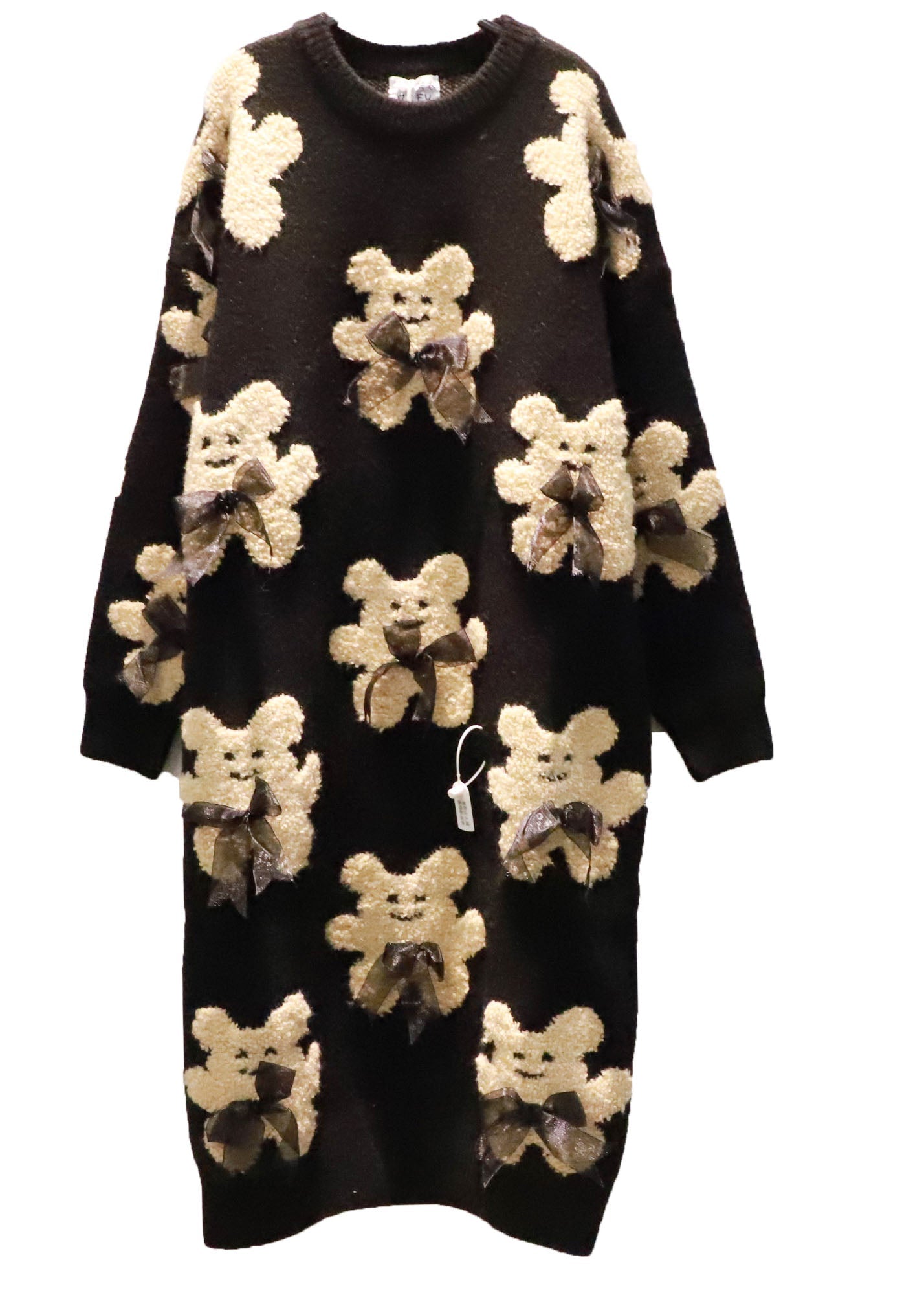 Plus Size Schwarz Oversized Bow Bear Jacquard Strick Langer Pullover Winter