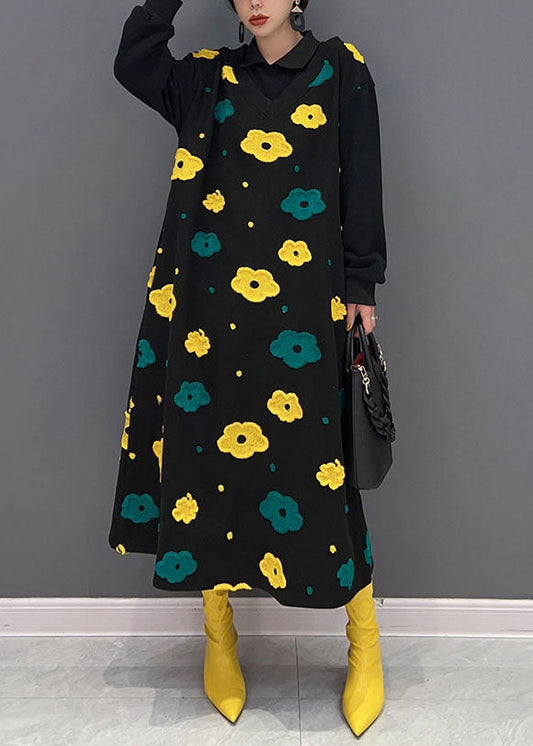 Plus Size Schwarz Peter Pan Kragen Patchwork Print Baumwolle Fake Zweiteiliges Kleid Frühling