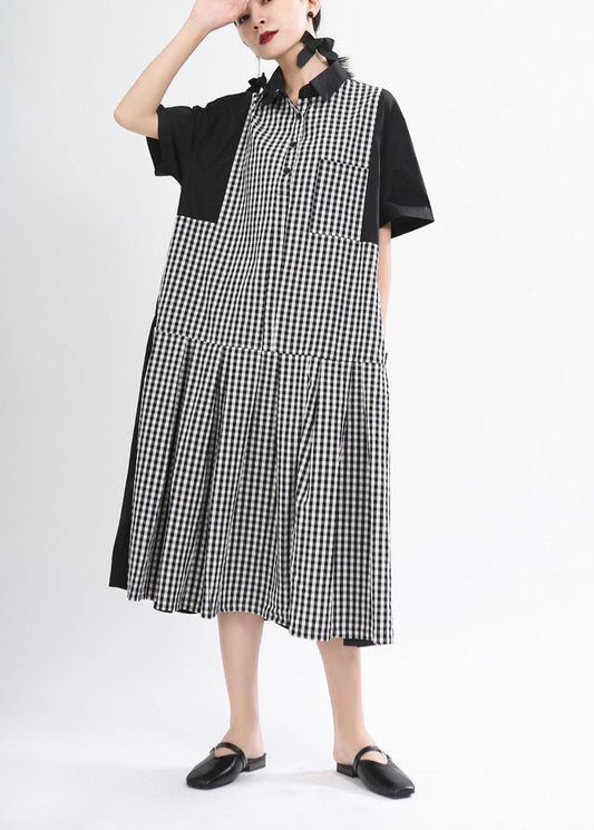 Plus Size Black Peter Pan Collar Plaid Summer Cotton Dress - SooLinen