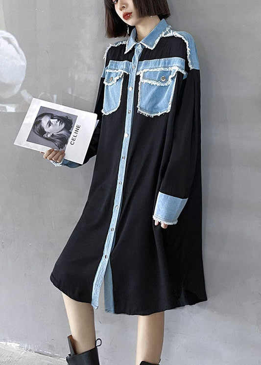 Plus Size Black Pockets Patchwork Button Fall Dresses Long sleeve