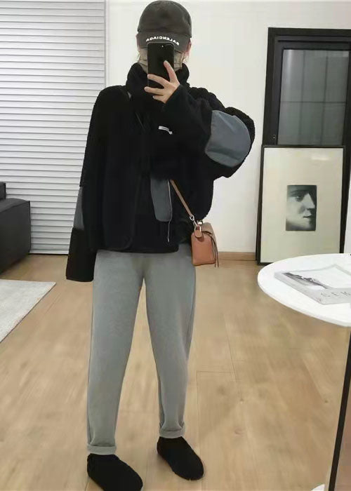 Plus Size Schwarze Taschen Patchwork Kunstpelzmäntel Frühling