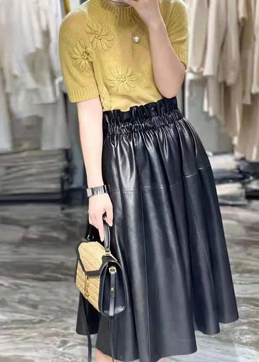 Plus Size Black Pockets wrinkled Patchwork Sheepskin Fall Skirt