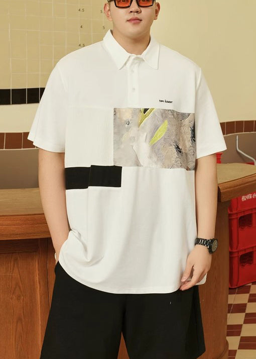 Plus Size Black Print Button Cotton Men Polo Shirt Summer