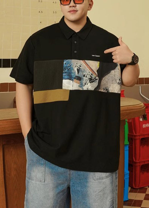 Plus Size Black Print Button Cotton Men Polo Shirt Summer